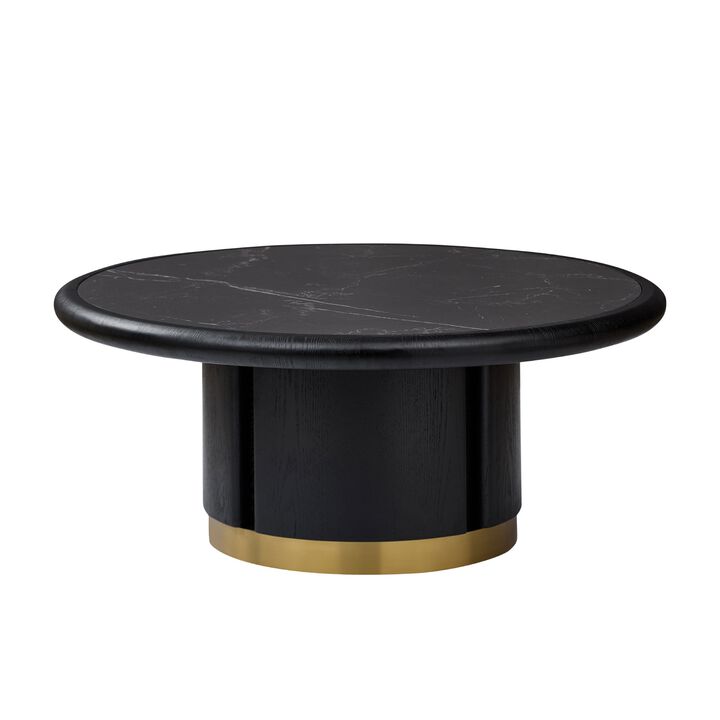 35.43 inch Round Coffee Table, Table with Sturdy MDF Pedestal with Brushed Stainless Steel,Sintered Stone Tabletop Table,Rounded Sofa Side Table for living Room,Office