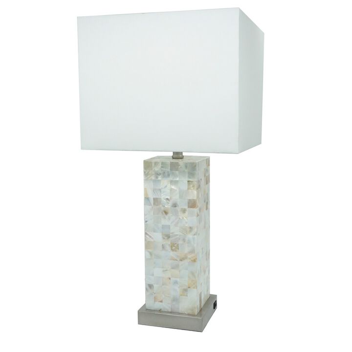 27 Inch Table Lamp Set of 2, Square White Shade, Steel Base, Marble, White - Benzara