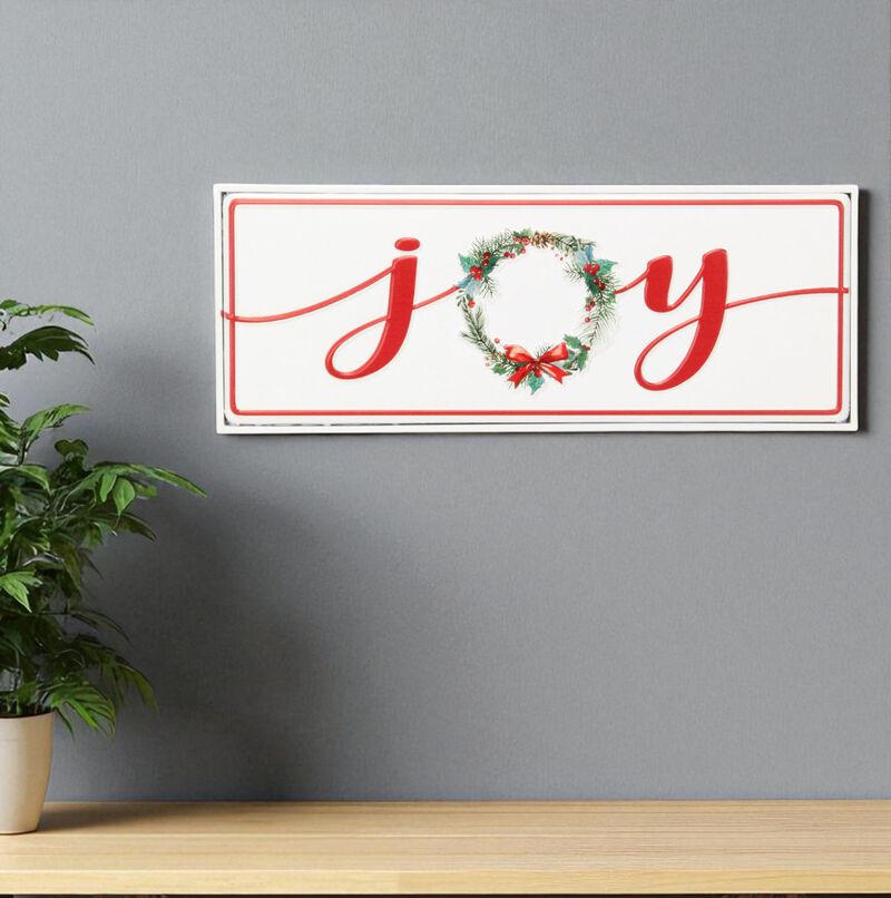HomeRoots 7" X 19" White and Red Christmas Joy Metal Wall Decor image number 1