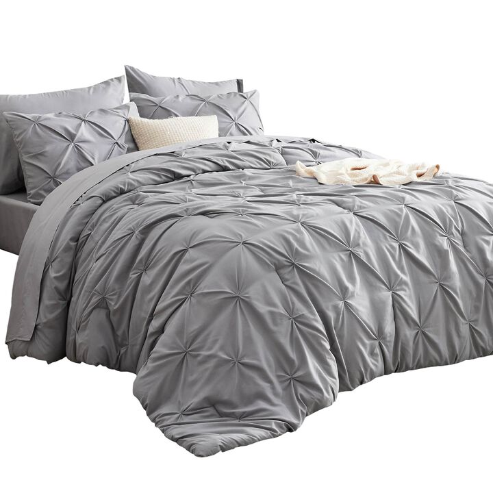 Bedsure Queen Comforter Set Grey - Bed in a Bag Queen Size 7 Pieces, GentleSoft Pintuck Bed Set Gift for Family, Pinch Pleat Gre