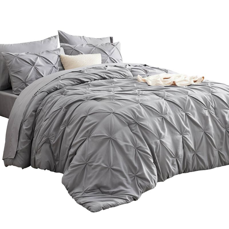 Bedsure Queen Comforter Set Grey - Bed in a Bag Queen Size 7 Pieces, GentleSoft Pintuck Bed Set Gift for Family, Pinch Pleat Gre