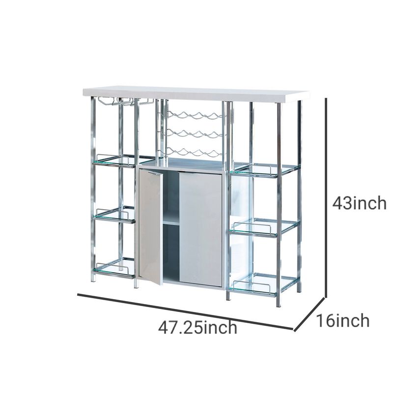 6 Glass Shelf Metal Frame Bar Cabinet with Power Outlet, Clear and Chrome-Benzara