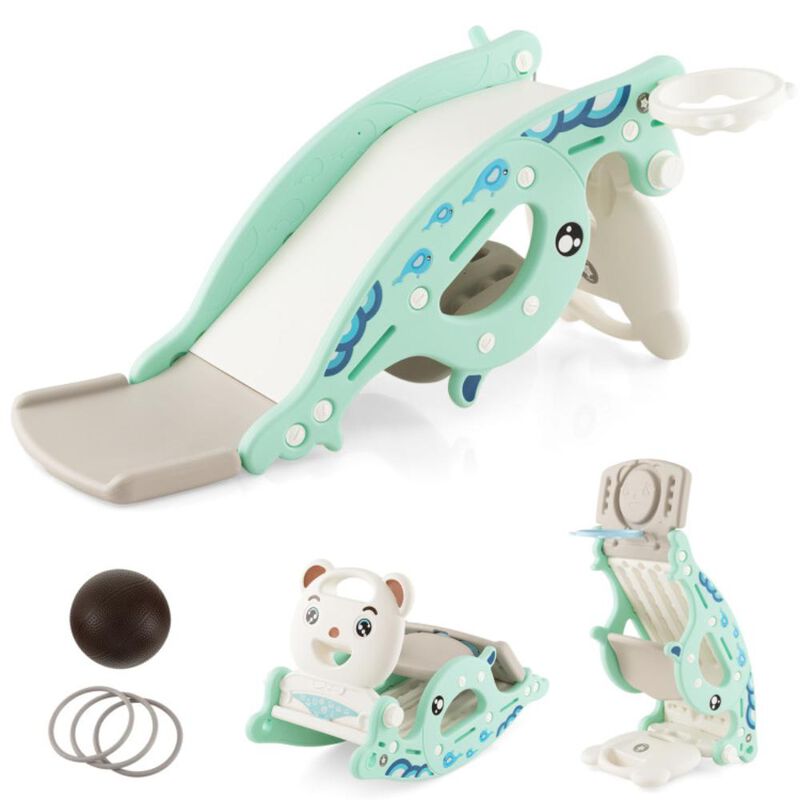 Hivvago 4-in-1 Kids Slide Rocking Horse with Basketball and Ring Toss