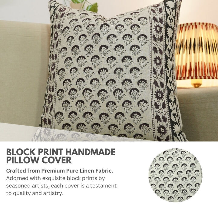 Fabdivine Handmade Linen Block Print Lumbar Pillow Cover, Invisible Zipper Farmhouse Bedroom D&eacute;cor, Juju Flower