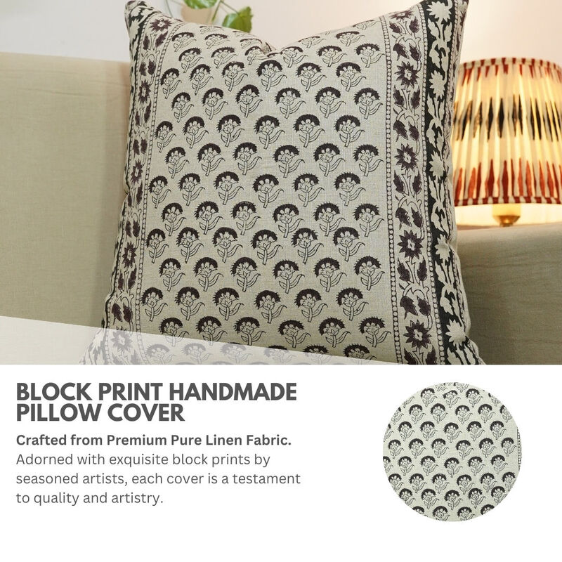 Fabdivine Handmade Linen Block Print Lumbar Pillow Cover, Invisible Zipper Farmhouse Bedroom D&eacute;cor, Juju Flower image number 1