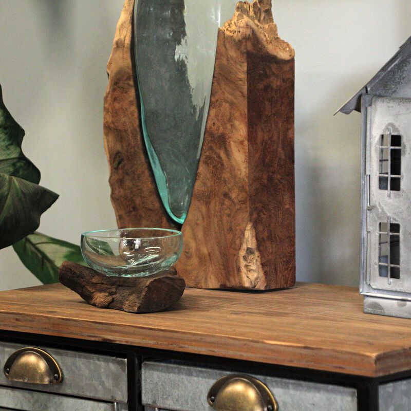 Glass and Teak Driftwood Bowl &ndash; 3.25&rdquo; High Decorative Succulent Centerpiece image number 5