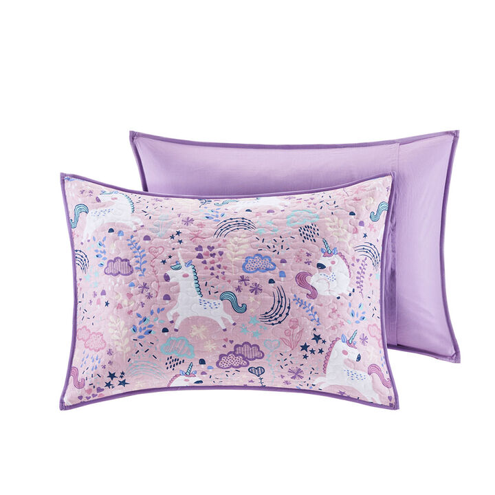 Gracie Mills Glenda 4-Peice Unicorn Reversible Cotton Quilt Set with coordinating Throw Pillows