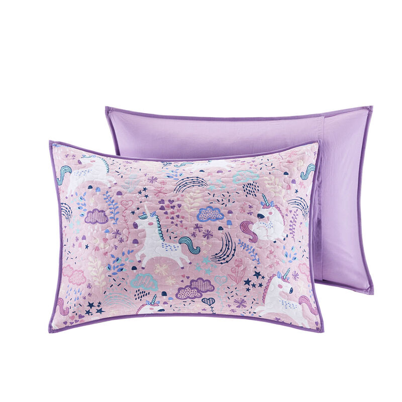 Gracie Mills Glenda 4-Peice Unicorn Reversible Cotton Quilt Set with coordinating Throw Pillows