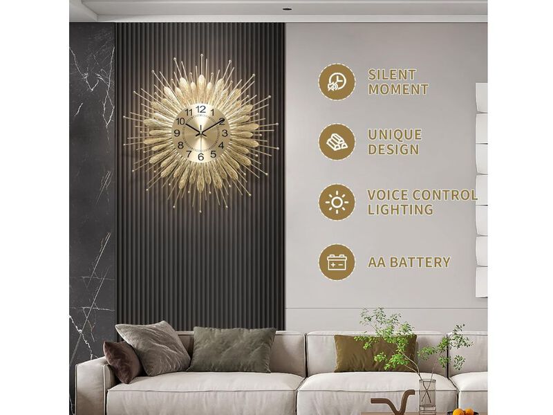 23" Gold Sunburst Wall Clock - Mid Century Battery Operated Decorative Home Art for Living Room & Kitchen image number 1
