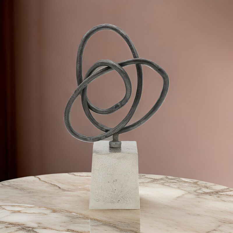 9 Inch Table Sculpture, Abstract Loop Design, Block Base, Black, Silver - Benzara