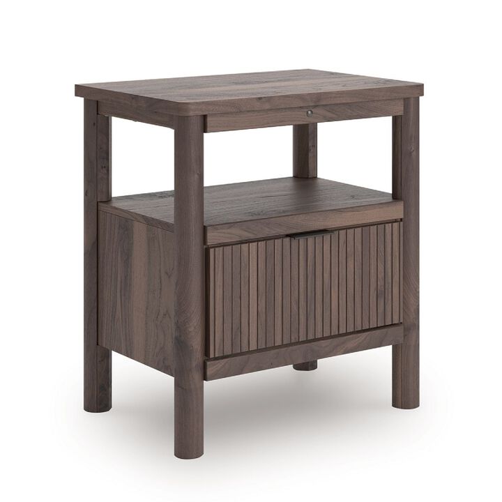 Pemy Nightstand, 1 Reeded Drawer, Open Shelf, USB Ports, Brown