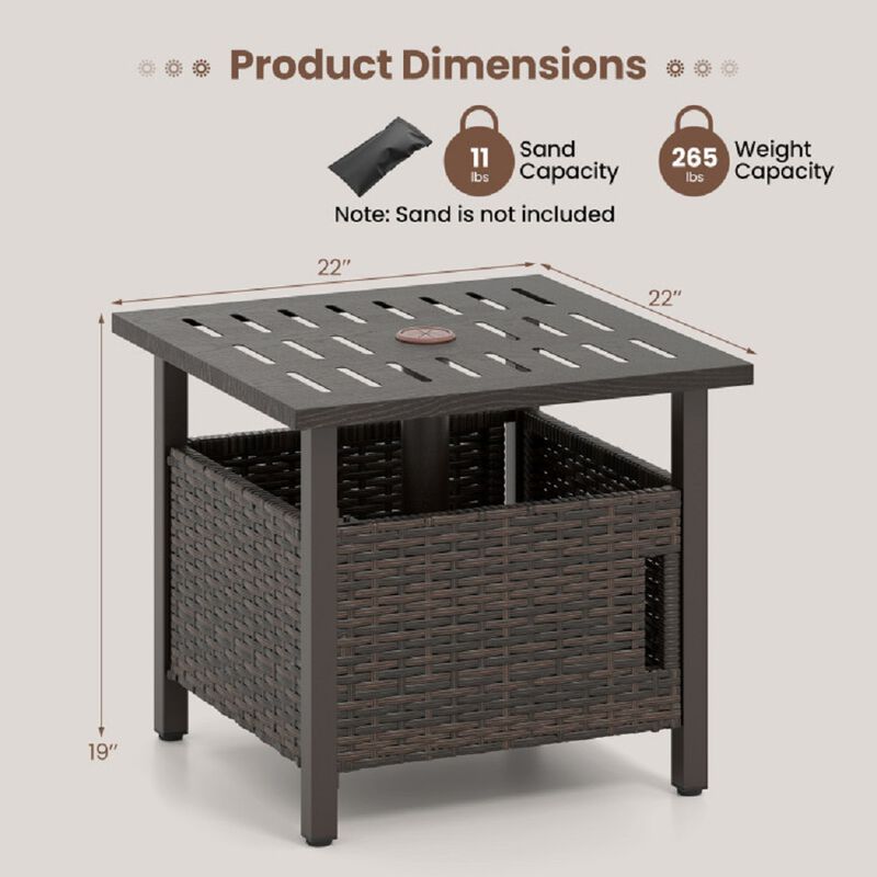 All-Weather PE Wicker Outdoor Side Table with Umbrella Hole for Patio-Mix Brown image number 2