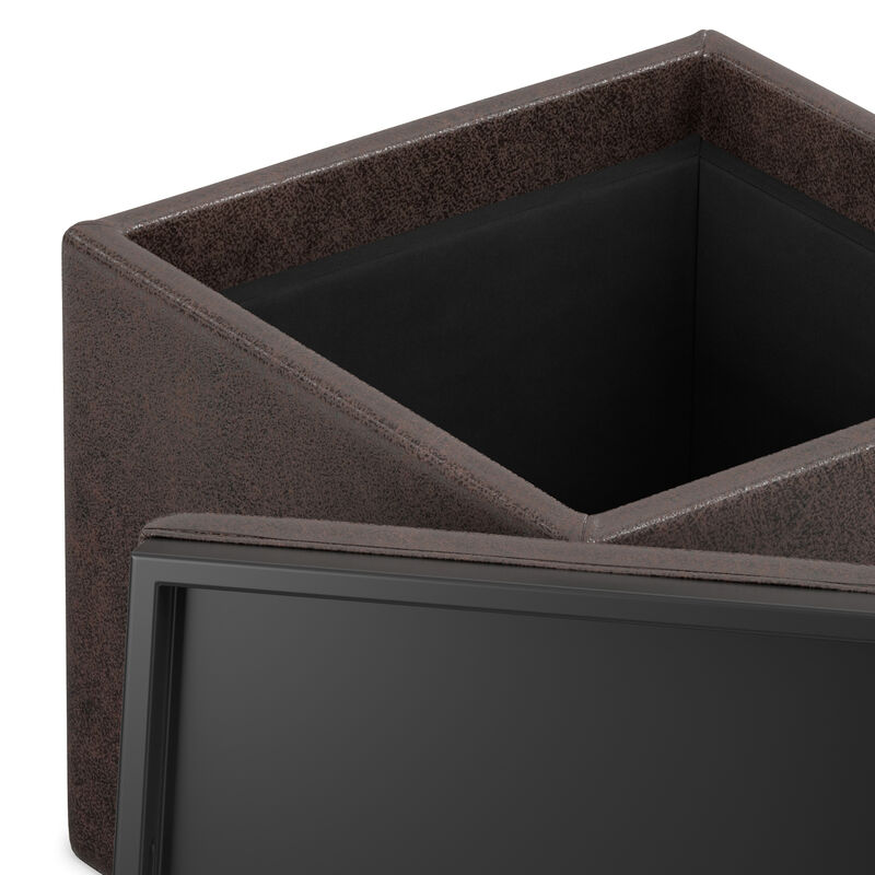 Rockwood 17 inch Wide Contemporary Square Cube Storage Ottoman with Tray in Distressed Brown Vegan Faux Leather, Assembled image number 7