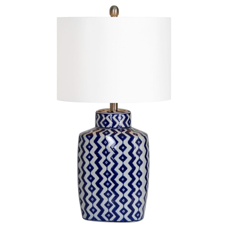 27" White and Blue Geometric Table Lamp with White Drum Shade image number 1