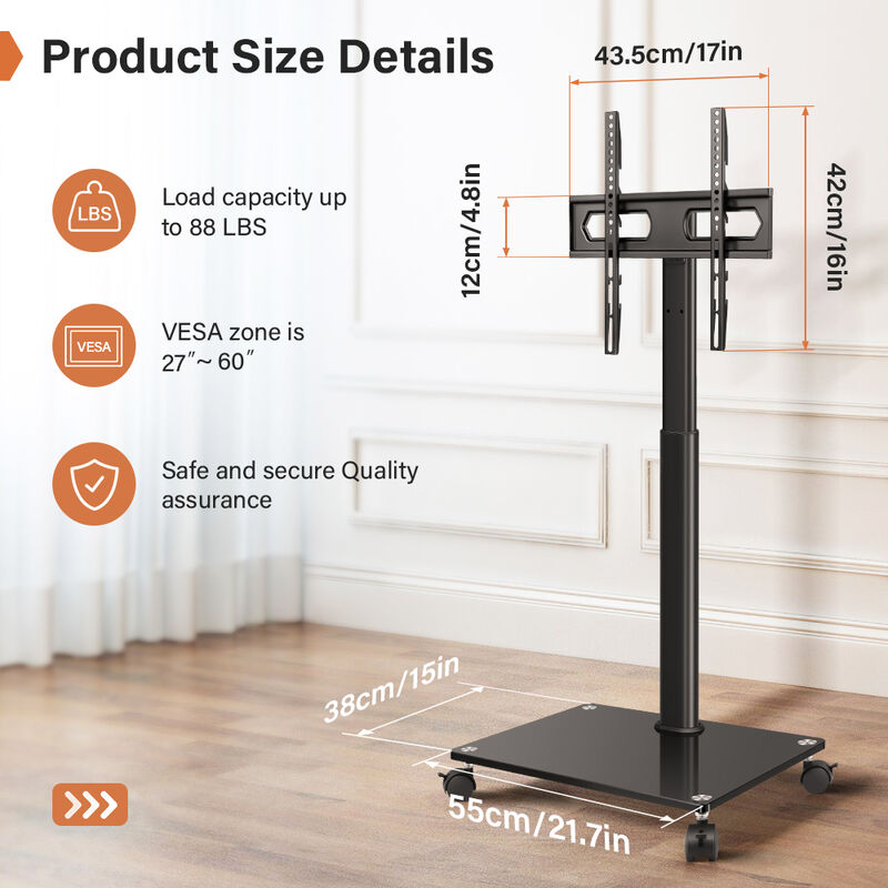 KKTONER Mobile TV Stand Rolling TV Cart for 27 to 65 inch Height Adjustable Rolling TV Stand image number 2