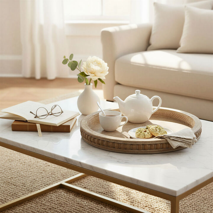 Round Decorative Wood Tray, Whitewashed