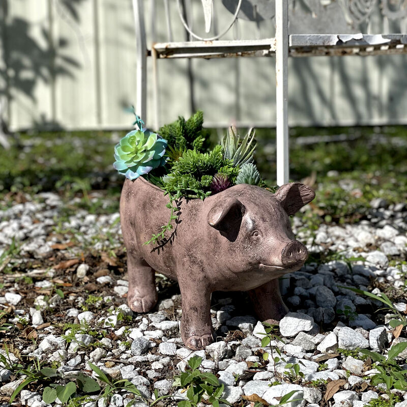 17 Inch Long Rustic Brown Finish Smiling Pig Planter image number 5