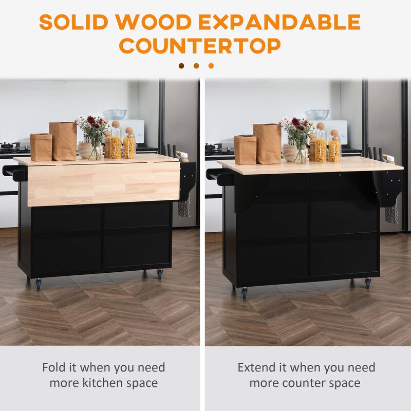 Black Culinary Aid: Rolling Kitchen Island with Wood Top & Storage