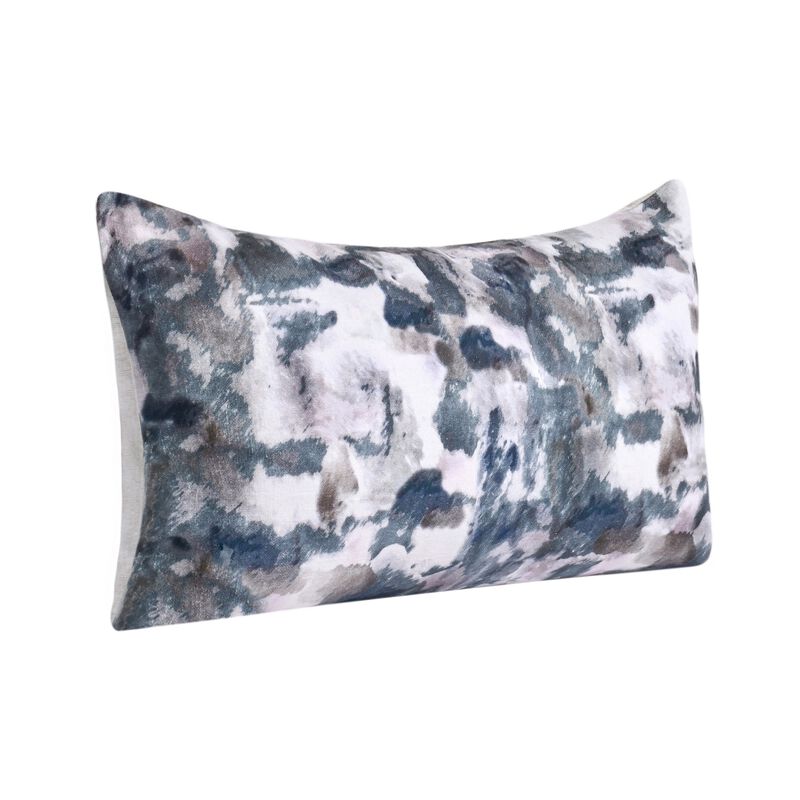 Lumbar Accent Throw Pillow, 14x26, Cotton Linen, Blue Watercolor Print - Benzara