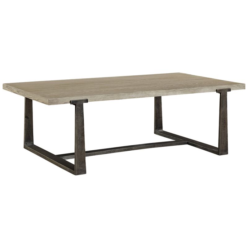 Vil 55 Inch Rectangular Coffee Table, Sand Cast Metal Base, Gray Oak Veneer-Benzara