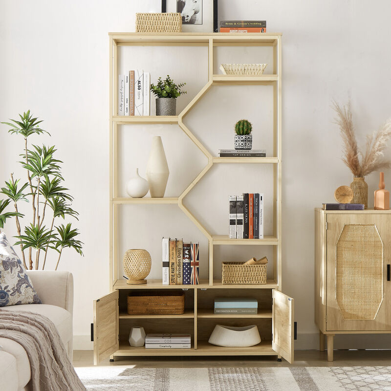 Rattan bookshelf 7 tiers Bookcases Storage Rack with cabinet for Living Room Home Office, Natural, 39.4" W x 13.8" D x 75.6" H image number 8