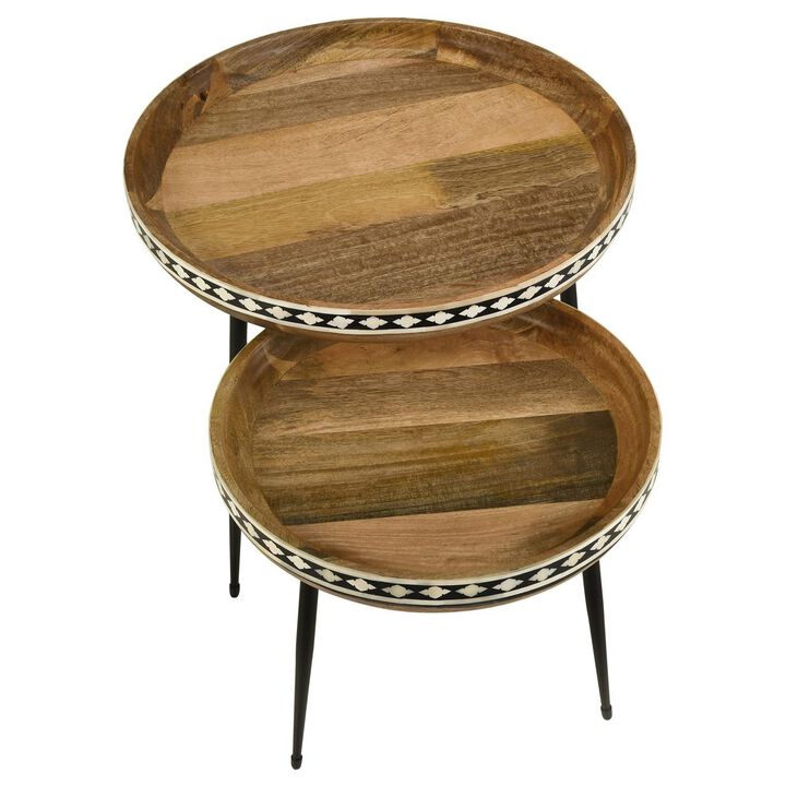 2 Piece Nesting Tables with Inlaid Bone Detail Design, Mango Wood, Brown - Benzara