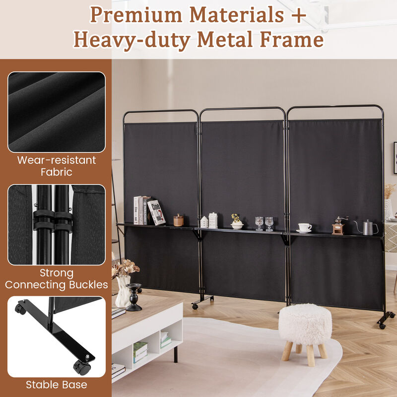 Multi-Functional 3-Panel Folding Room Divider with Metal Shelves and Lockable Wheels
