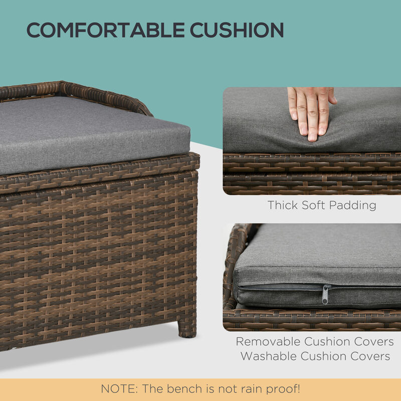 Outsunny Outdoor Wicker Storage Bench Deck Box, PE Rattan Patio Furniture Pool Container Storage Bin with Interior Waterproof Bag and Comfortable Cushion, Gray