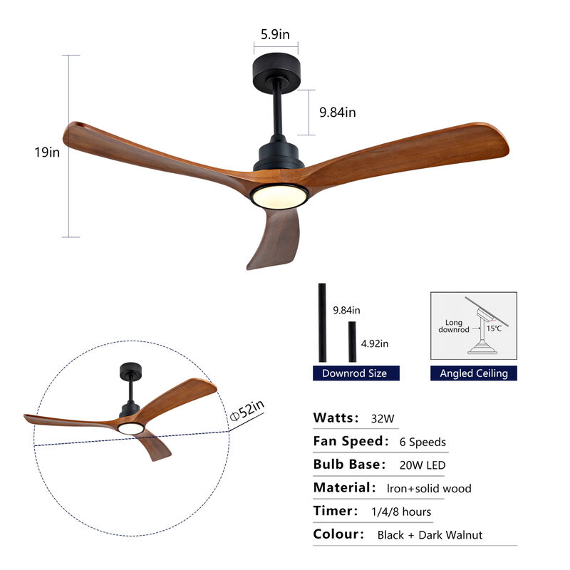 52" Indoor Ceiling Fan with 3 Solid Wood Blades image number 2
