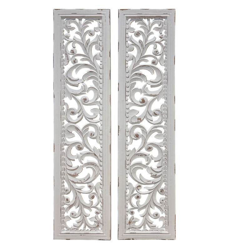 Ozy Carved Wall Art Panel Set of 2, Handcrafted Distressed White Mango Wood, 50 Inch Tall