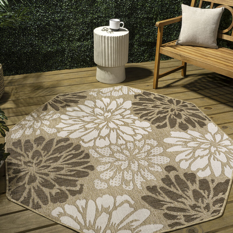 Zinnia Modern Floral Textured Weave Octagon Indoor/Outdoor Area Rug