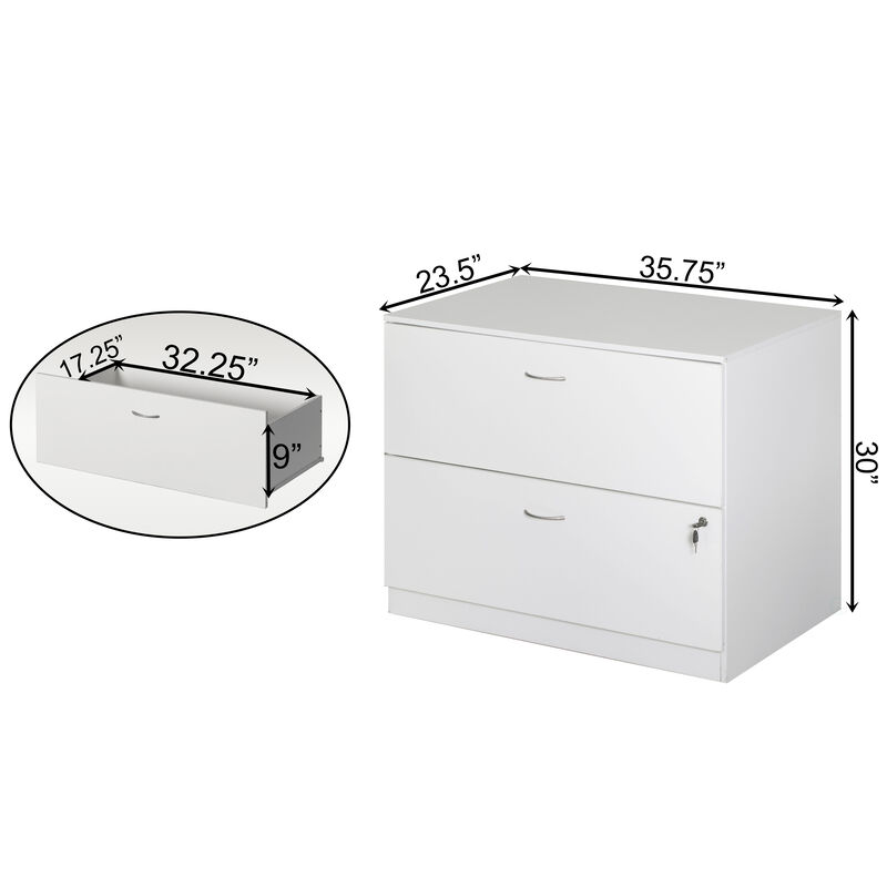 30-Inch White Wooden Lateral File Cabinet with Two Spacious Drawers, One Lockable - Suitable for Home Office, Offering Ample Space for Documents, Supplies, and Printer Stand Needs