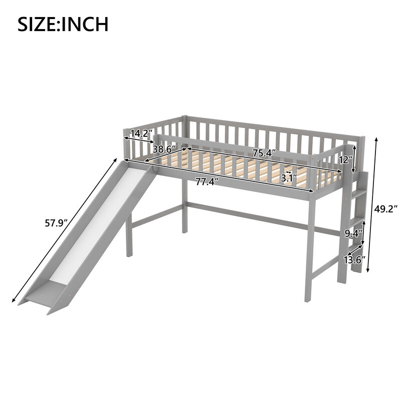Whisen Twin Size Wood Low Loft Bed with Ladder and Slide - Gray