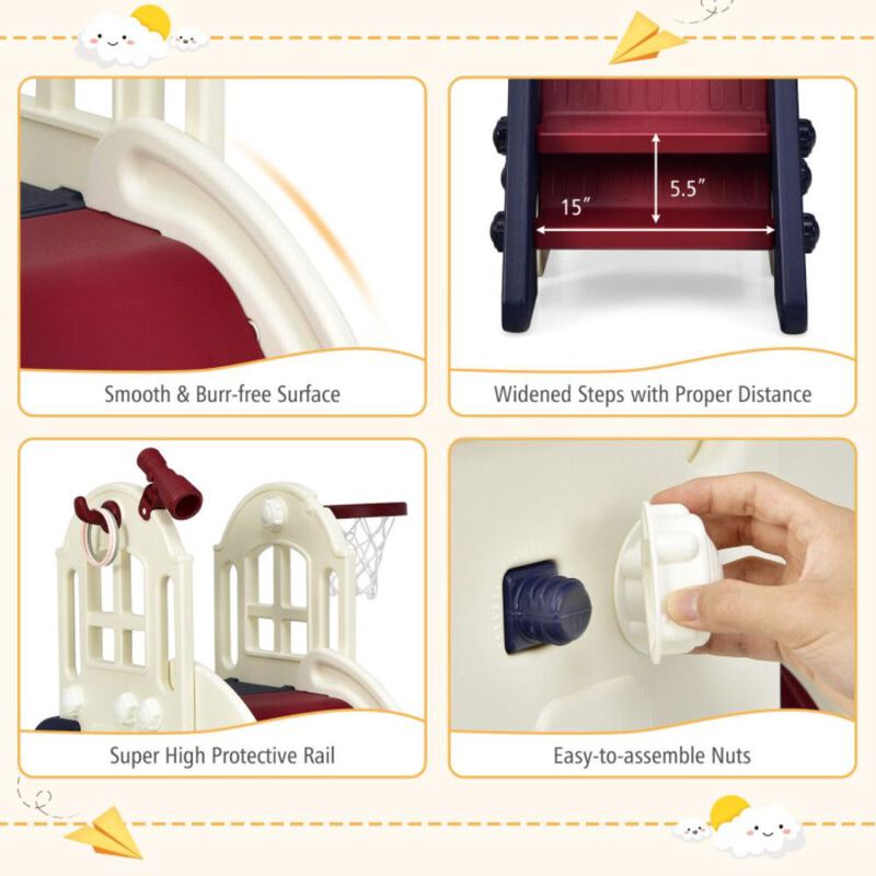 Hivvago 6-In-1 Large Slide for Kids Toddler Climber Slide Playset with Basketball Hoop