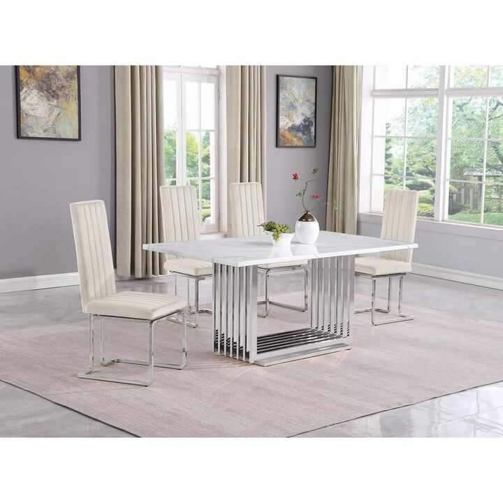 5pc Small(68") marble top dining set with silver base and 4 Cream side chairs