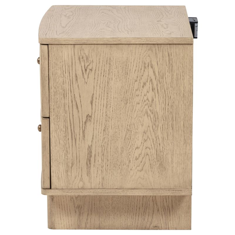 Lno Nightstand, 2 Cane Accent Drawers w Brass Knobs, USB, Oak Beige - Benzara