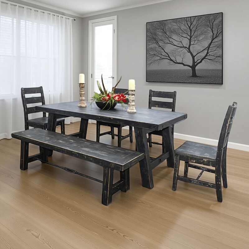 Rena Dining Table with Turnbuckles, 74 Inch Black Sand Mahogany Wood - Benzara