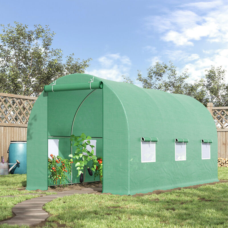 Outsunny 15' x 6' x 7' Walk-in Tunnel Greenhouse Garden Plant Growing House with Door and Ventilation Window, Green