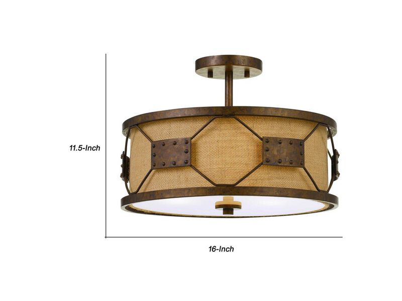 Metal Frame Drum Shade Pendant Fixture with Lattice Design, Rustic Bronze - Benzara