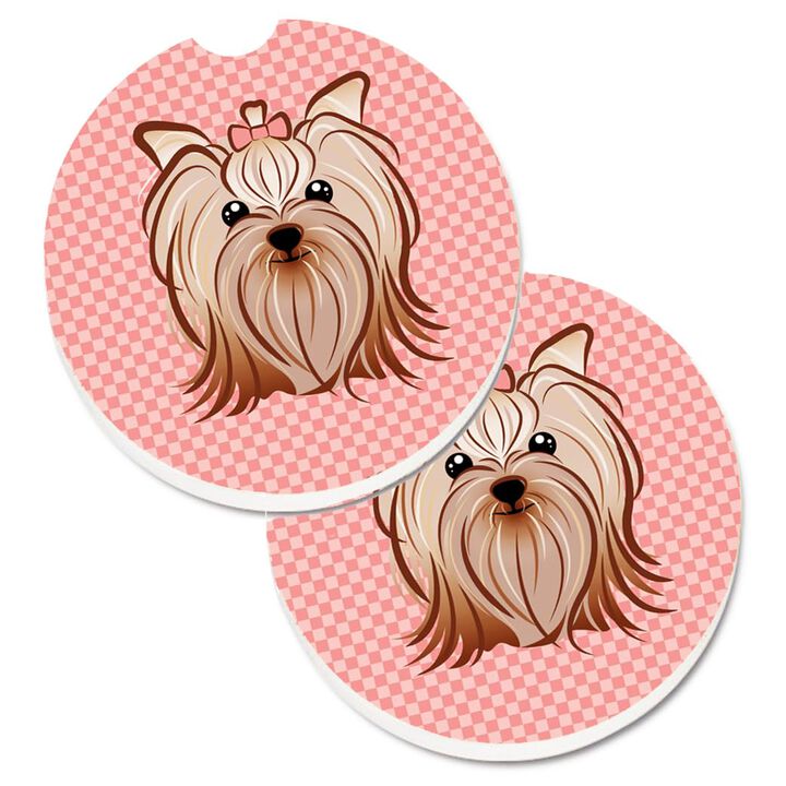 Caroline's Treasures Checkerboard Pink Yorkie Yorkishire Terrier Set of 2 Cup Holder Car Coasters BB1204CARC, 2.56, Multicolor