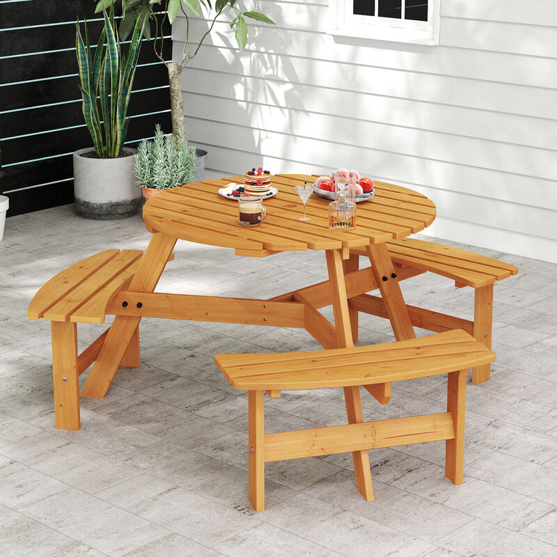 Outdoor Round Picnic Table Set with Umbrella Hole and Seating for 6