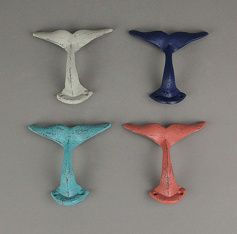 Set of 4 Cast Iron Whale Tail Wall Hooks Nautical Decorative Towel or Coat Hanging Beach House Coastal Accent Decor image number 5