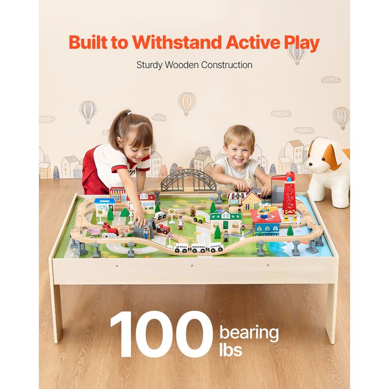 Kids Train Table with 120 Piece Wooden Train Set and Storage Bin image number 5