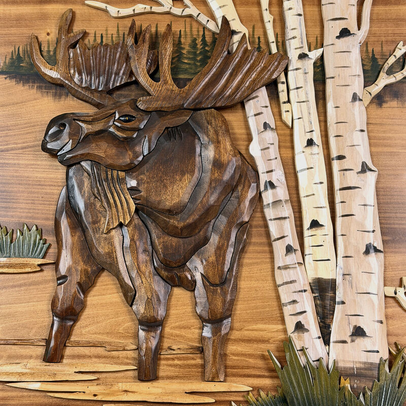 Moose in Birch Forest 23.5 inch Rustic Intarsia Wood Wall Art Sculpture image number 3