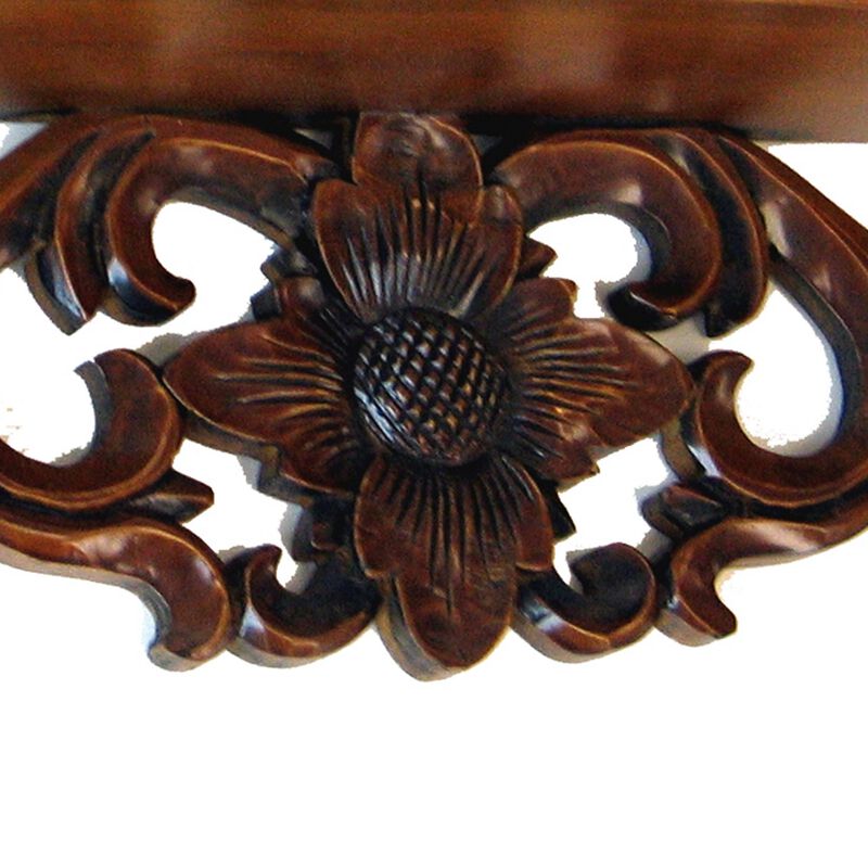 Hand Carved Wooden Moonbay Wall Shelf in Floral Design, Brown - Benzara