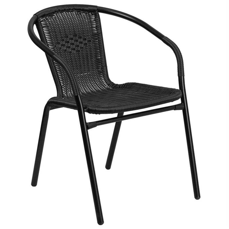 Flash Furniture Lila 28'' Round Glass Metal Table with Black Rattan Edging and 2 Black Rattan Stack Chairs