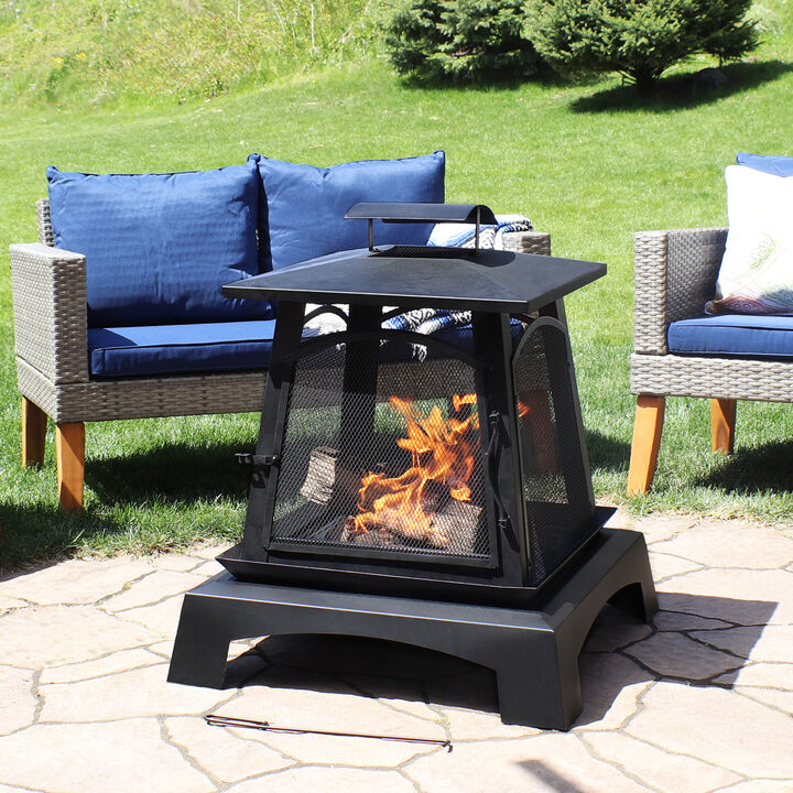 Sunnydaze 32 in Pagoda Style Steel Fire Pit with Log Grate and Poker