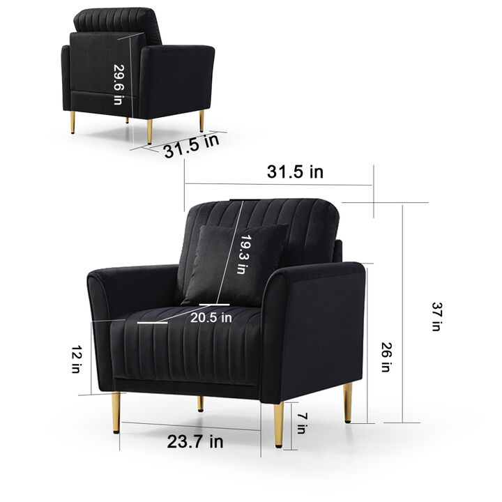 Modern Black Velvet Accent Chair Upholstered Living Room Arm Chairs Comfy Single Sofa Chair