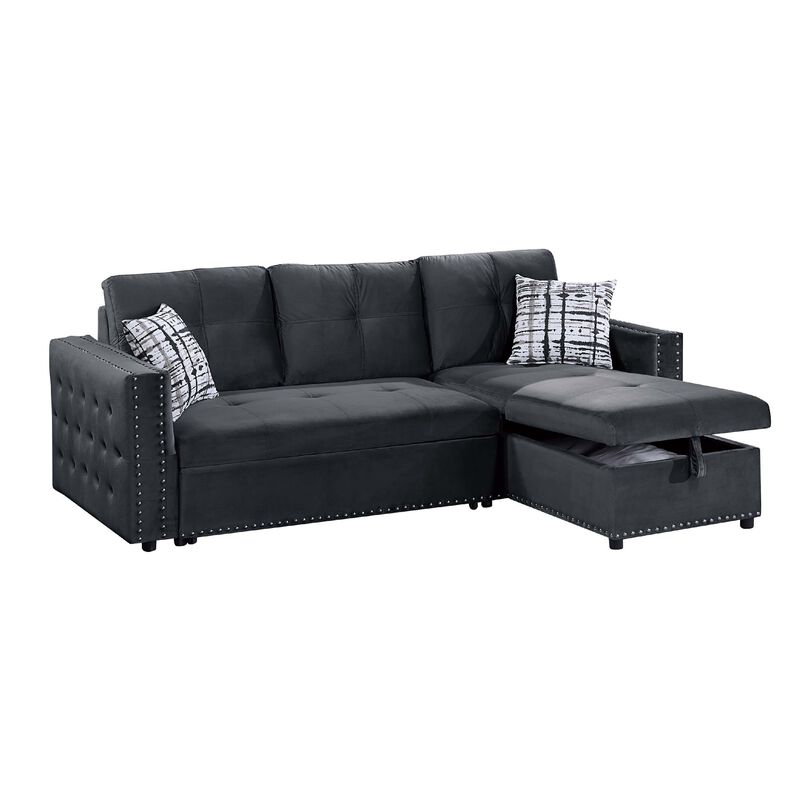 Ero Convertible Sectional Sofa, Storage Chaise, 2 Pillows Black Velvet - Benzara