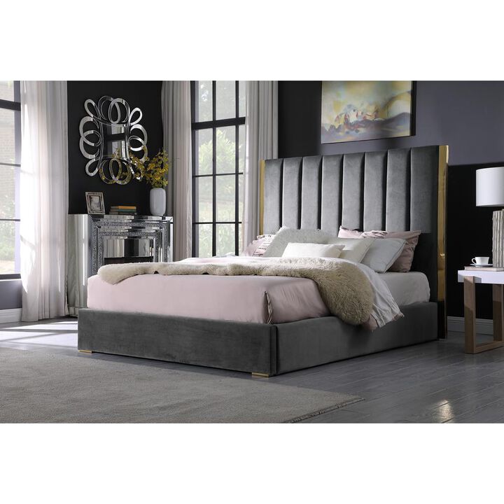 Best Master Furniture Jalen Dark Gray Velvet King Platform Bed with Gold Accents